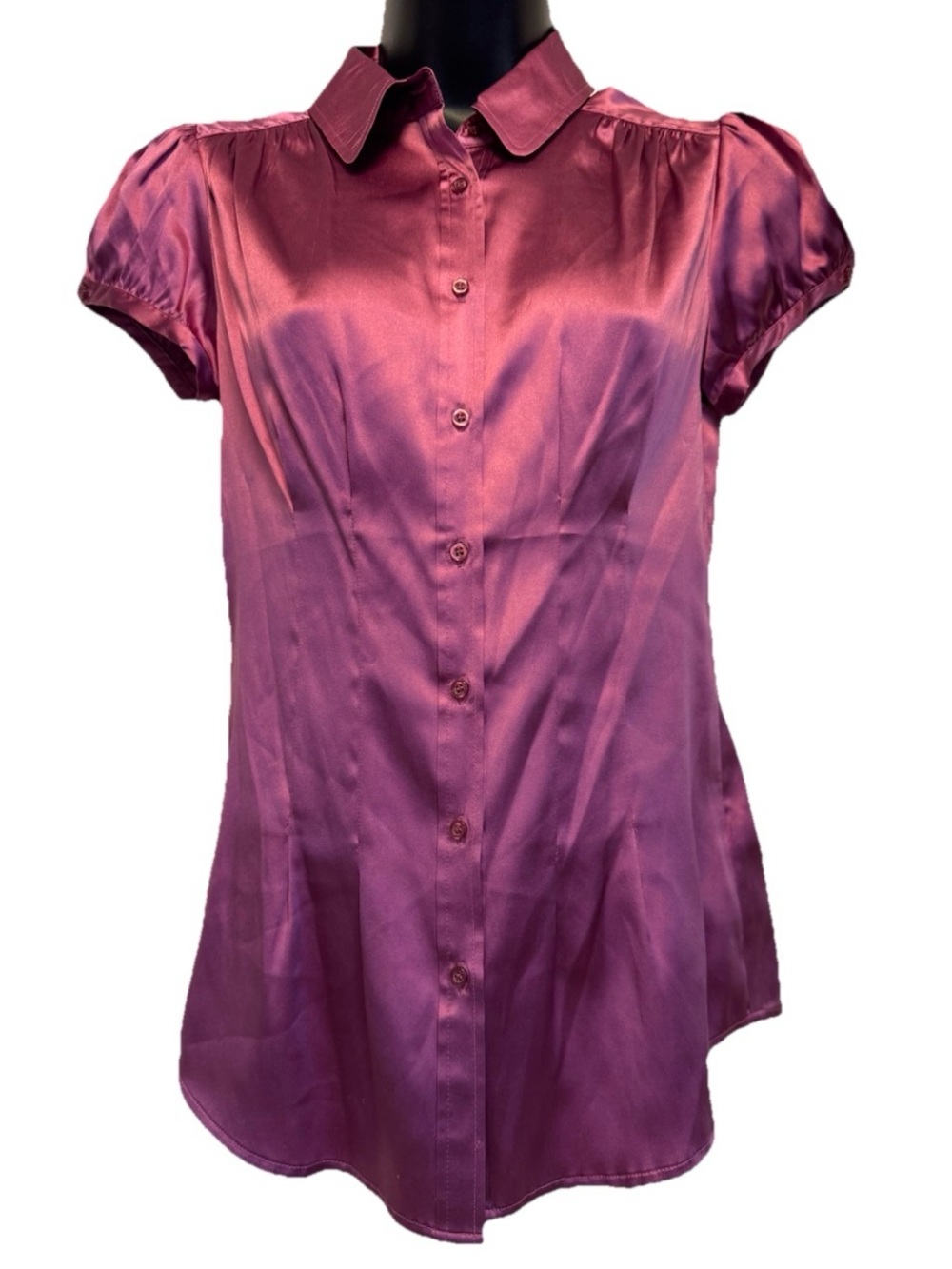 NWT Jacob Silk Satin Blouse Women TP/XS Plum Purple Puff Cap Sleeve Button Down